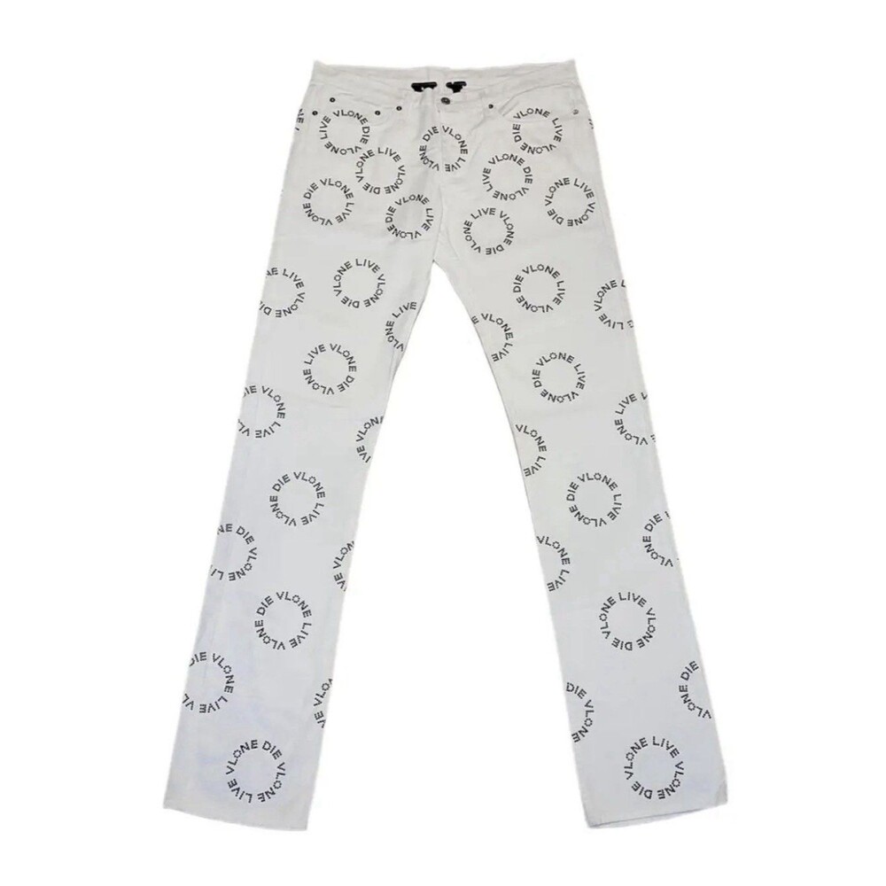 Unreleased Vlone Black Rhinestone Stacked Denim Jeans White Size L